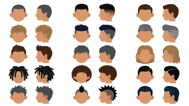 Diverse collection of cartoon male and female hairstyles, vector illustration