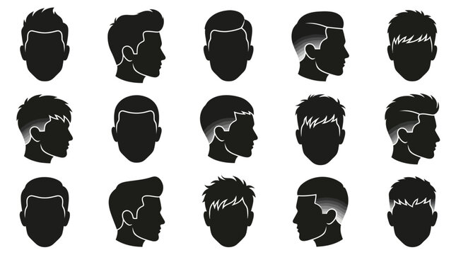 Diverse Black and White Silhouettes of Men's Hairstyles Vector