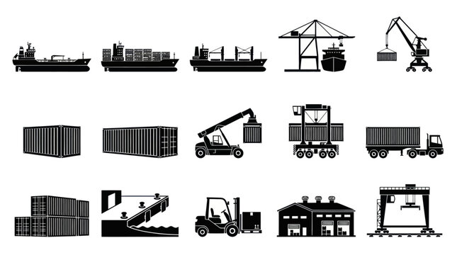 Black  White Icons of Cargo Ships, Cranes, Containers  Trucks