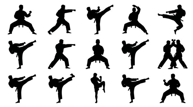 Karate Martial Arts Silhouette Black and White Vector Icons