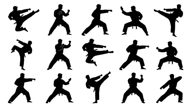 Black and White Silhouettes of Karate Fighters in Action Poses