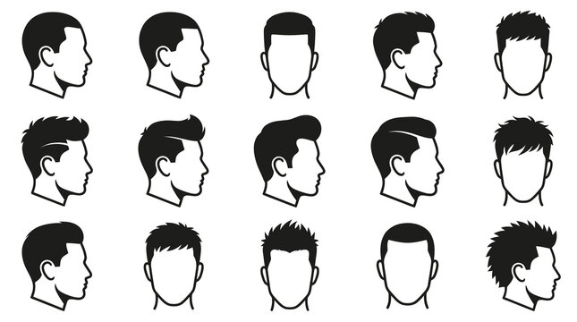 Black and White Line Art Set of Men's Hairstyles, Vector Icons