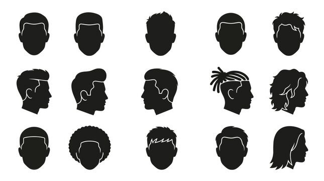 Silhouette Hairstyles Icons Set - Men's Haircuts Black and White Vector