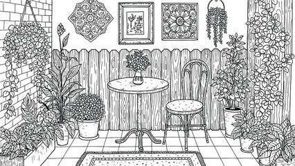 Charming sketch of a quaint outdoor bistro scene with lush vegetation and rustic decor © freelancemoment