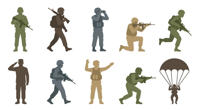 Military Soldier Silhouettes Vector Set - Flat Army Personnel, Defense, Security Illustrations