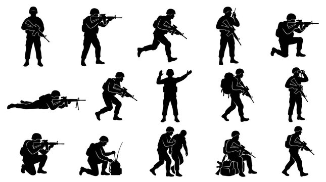 Military Soldiers Silhouettes Vector Set for Army and Warfare Design
