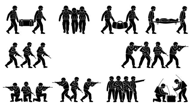 Military Soldiers Army Combat and Rescue Operations Black Silhouette Glyph Vector Icons
