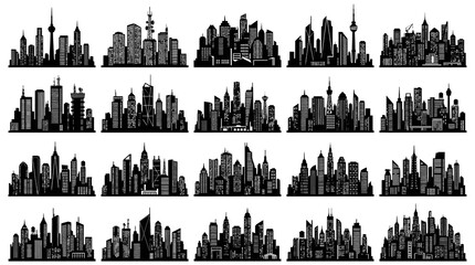 Obraz premium Flat Black Silhouette City Skylines Vector Icons - Urban Architecture Business Set