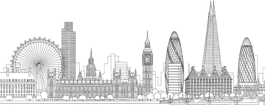 Intricate skyline sketch a detailed black and white architectural illustration of a modern cityscape