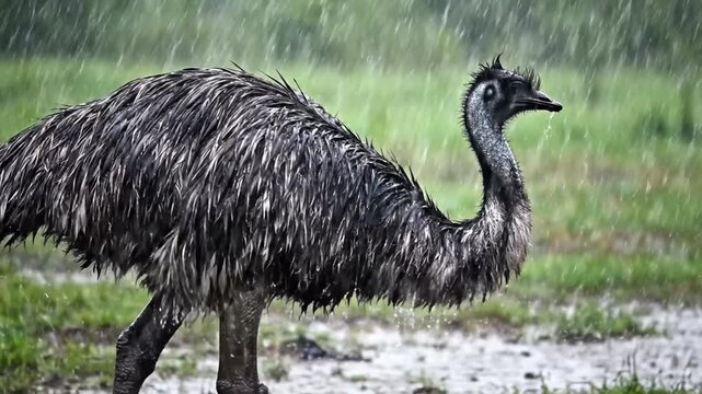 Large emu bird standing in pouring rain in green field