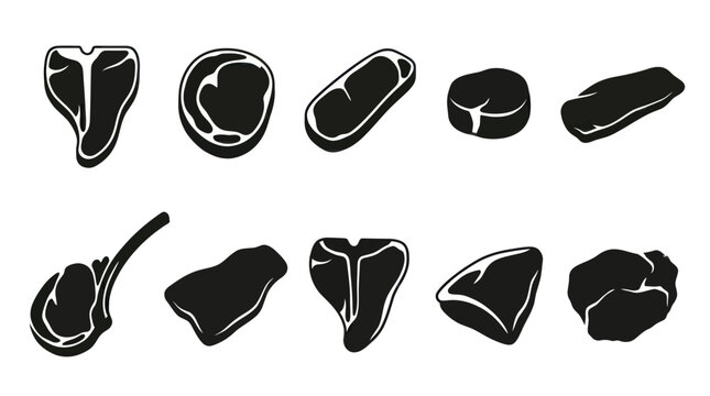 Black and White Icons of Various Beef Steaks, Meat Cuts, Food