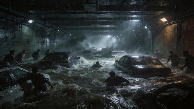 Flooded Tunnel: A scene of devastation, as a subterranean tunnel is engulfed by floodwaters, with abandoned vehicles and figures navigating the perilous waters.