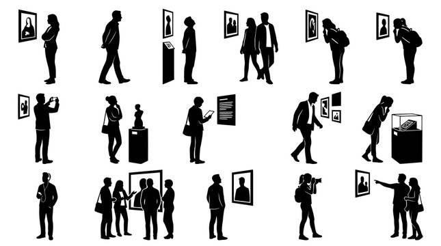 Gallery museum visitors observing art, people in exhibition, vector art