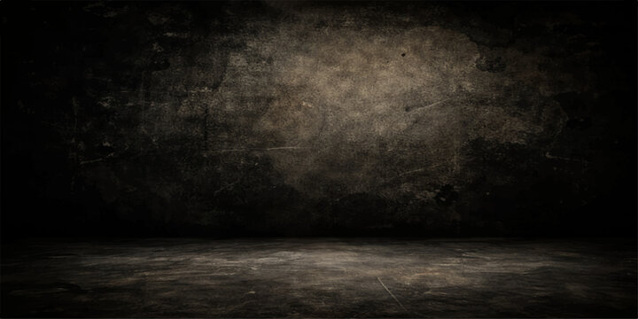 Dark room interior featuring an aged concrete wall with a heavy grunge texture and a weathered gray stone floor backdrop