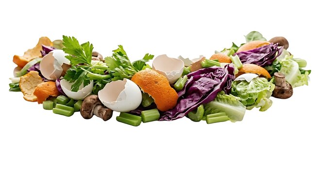 Pile of food waste containing various organic materials with white egg shells, pieces of peeled fruits and vegetables, isolated on white background