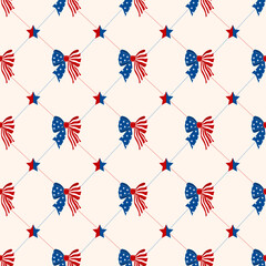 Obraz premium Playful seamless pattern with bows, stars, and stripes in red and blue. Ideal for fabric, wrapping paper, packaging, and festive designs.