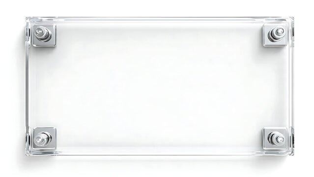 Blank clear glass name plate and name plaque secured by metal silver standoffs isolated on white background