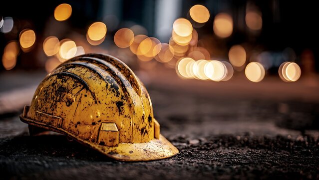 Weathered yellow construction hard hat lies on a concrete or asphalt surface against a soft, warm bokeh street lights at night scene