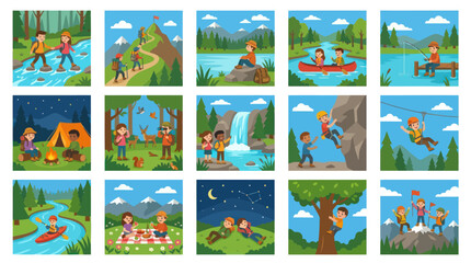 Flat Cartoon Kids Outdoor Adventure Activities Vector Illustrations Collection