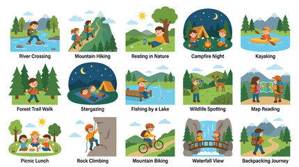 Fototapeta premium Outdoor Adventure Activities Flat Style Vector Icons Set