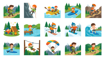 Naklejka premium Children's Outdoor Adventure Sports and Recreation Activities Flat Vector Set