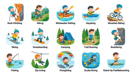 Fototapeta premium Outdoor Adventure Sports Activities Flat Design Vector Icons Set