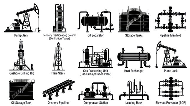 Oil and Gas Industry Equipment Icons: Glyph Set for Energy Sector