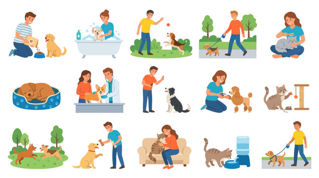 Pet Care Flat Illustration Set: Happy Owners with Dogs and Cats, Grooming, Feeding, Walking, Vet Visits