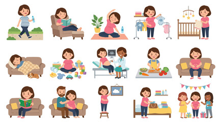 Fototapeta premium Pregnant Woman Daily Life Activities Flat Vector Illustration Set