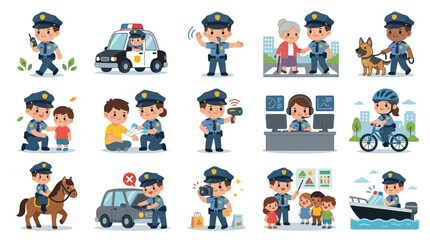 Fototapeta premium Police Officers Helping People and Working Safely in City - Flat Vector Art