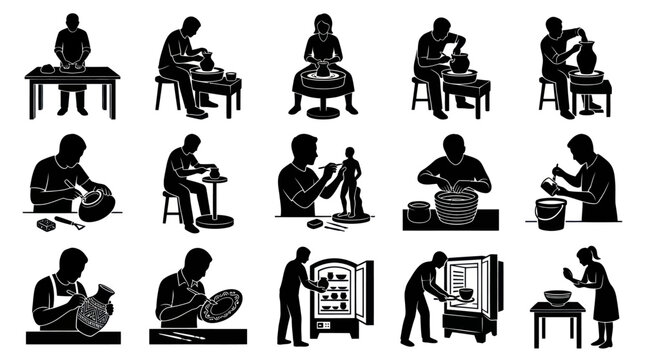 Pottery Ceramic Craft Process Black and White Glyph Icons Set of Artisans