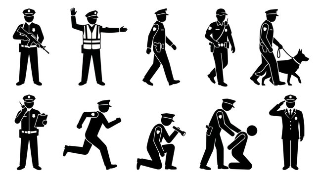 Police Officer Law Enforcement Public Safety Black and White Glyph Vector Icons Set