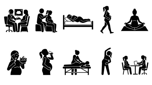 Pregnancy Icons: Medical Checkup, Rest, Nutrition, Exercise, Yoga, Massage, Doctor Visit