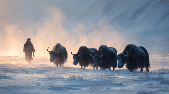Yak Herd Journey: An evocative scene unfolds as a sturdy shepherd guides his yak herd through a serene snow-dusted expanse.