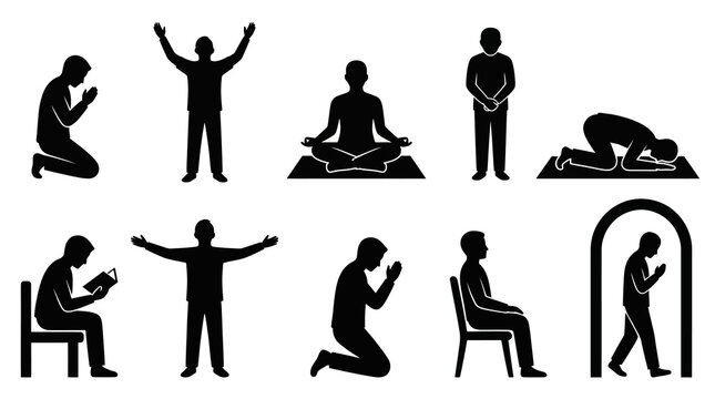 Diverse Islamic prayer poses and meditation icons, black silhouette, vector art