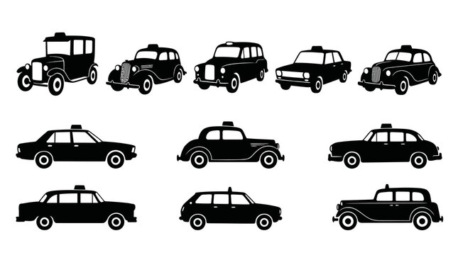 Vintage  Modern Black Taxi Cabs Silhouettes Icons Set