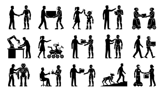 Robotics and AI Human-Robot Interaction Black White Silhouette Icons. Future Technology Concepts