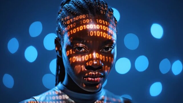Stunning young female portrait with luminous orange digital data stream projected on her face, set against a dreamy neon blue backdrop featuring bokeh light sphere for a futuristic atmosphere.