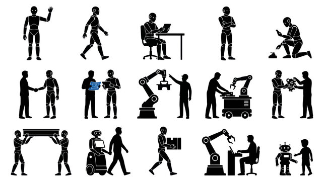 Futuristic Robots and Humans in Various Industrial and Office Settings Vector Icons