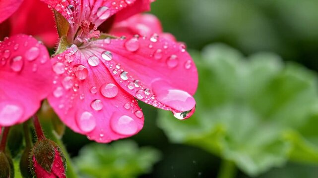 Macro shot of fresh pink geranium flower with water drops