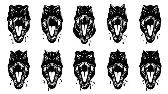 Black Dinosaur Heads, Roaring with Drool, Vector Art for T-Rex Fan