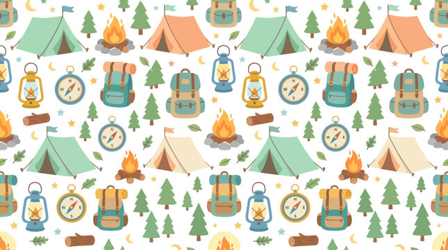 Camping Pattern: Tents, Backpacks, Campfires, Lanterns, Compasses Vector