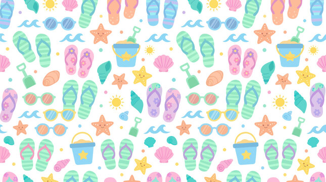 Seamless Summer Beach Pattern with Flip Flops, Sunglasses, and Sand Buckets Flat Art