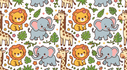 Obraz premium Cute Cartoon Safari Animals Seamless Pattern - Elephant, Lion, Giraffe Vector Kids Illustration
