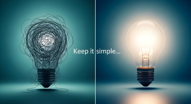 Visual representation of a tangled, unlit lightbulb contrasted with a clear, illuminated lightbulb, emphasizing the importance of simplicity in achieving bright ideas and clarity.