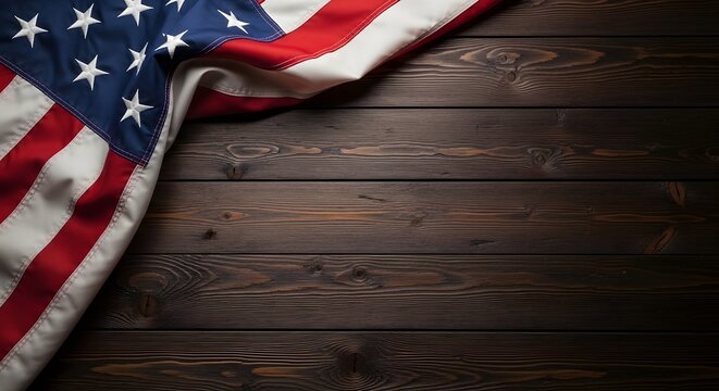 American flag draped over a rustic dark wooden background