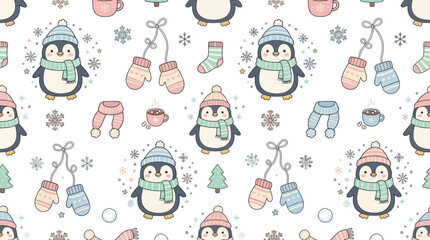 Fototapeta premium Cute Penguin Pattern, Winter Holiday, Flat Vector Art