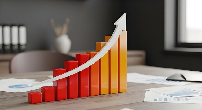 A growing 3d bar chart with a white upward arrow indicating positive financial performance and increasing profits on a wooden desk, representing business growth and success in the corporate world.