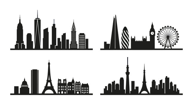 Iconic World City Skylines Silhouette Set for Travel  Architecture Design