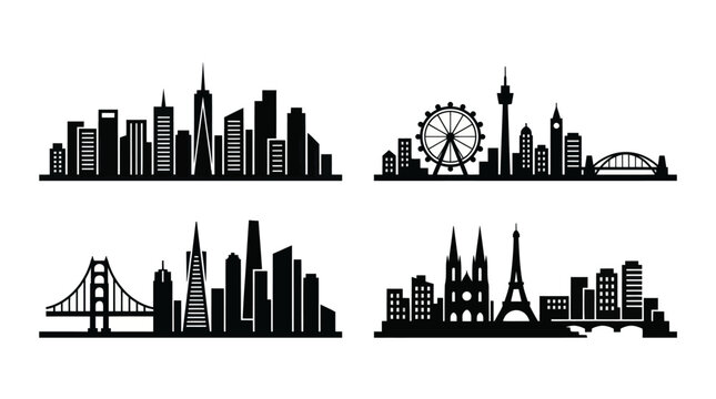 Black Silhouette World City Skylines Vector Art for Travel and Architecture